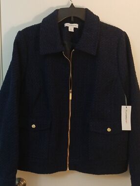 Liz Claiborne Navy Bouclé Zip Front Jacket with Gold Accents